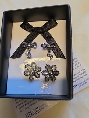 Avon Black Bow Drop and Clear Crystal Flower Earrings Set